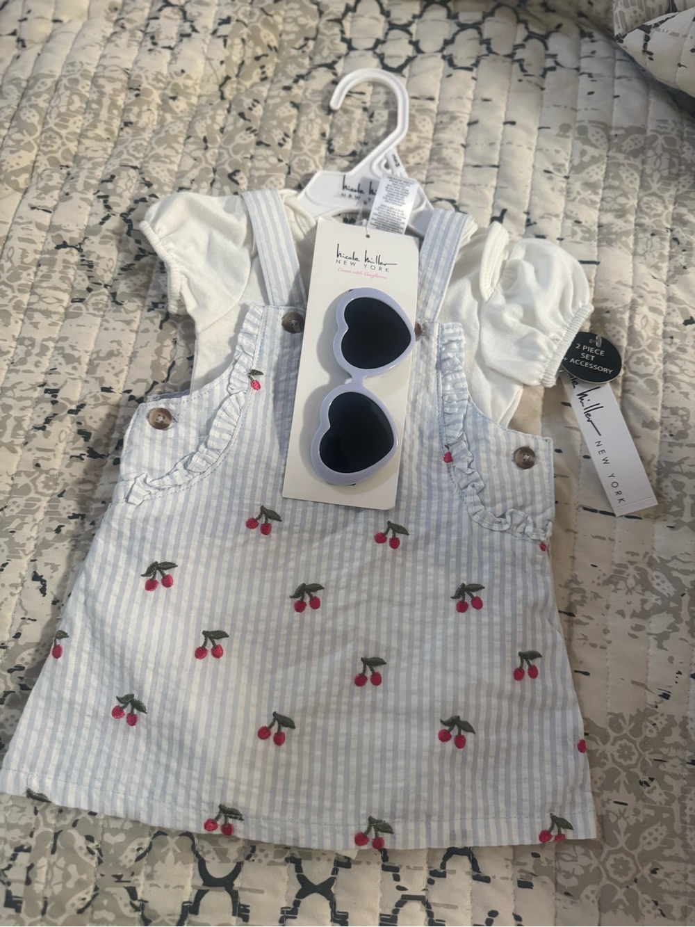 Baby Blue Cherry Pinafore Dress with White Top